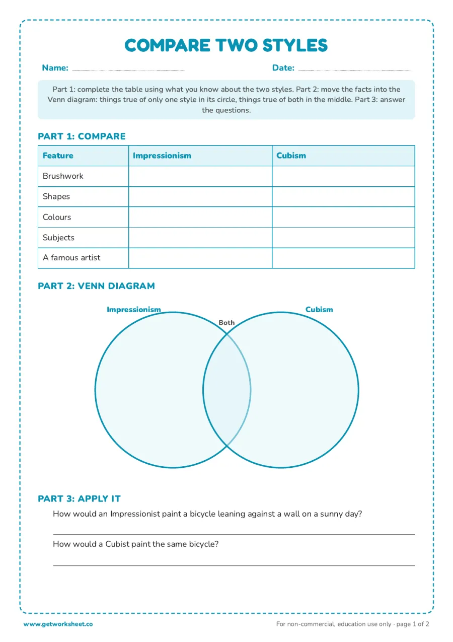 Compare two styles: Impressionism and Cubism in a Venn diagram and a feature table Compare two styles: Impressionism and Cubism in a Venn diagram and a feature table – free printable PDF worksheet, page 1 preview (Free art styles worksheets)