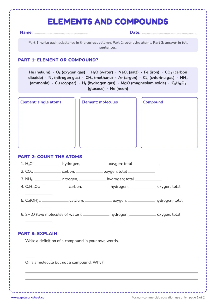 Elements and compounds: sort 16 substances, then count the atoms in 6 formulas – free printable PDF worksheet, page 1 preview (Free atoms and molecules worksheets)