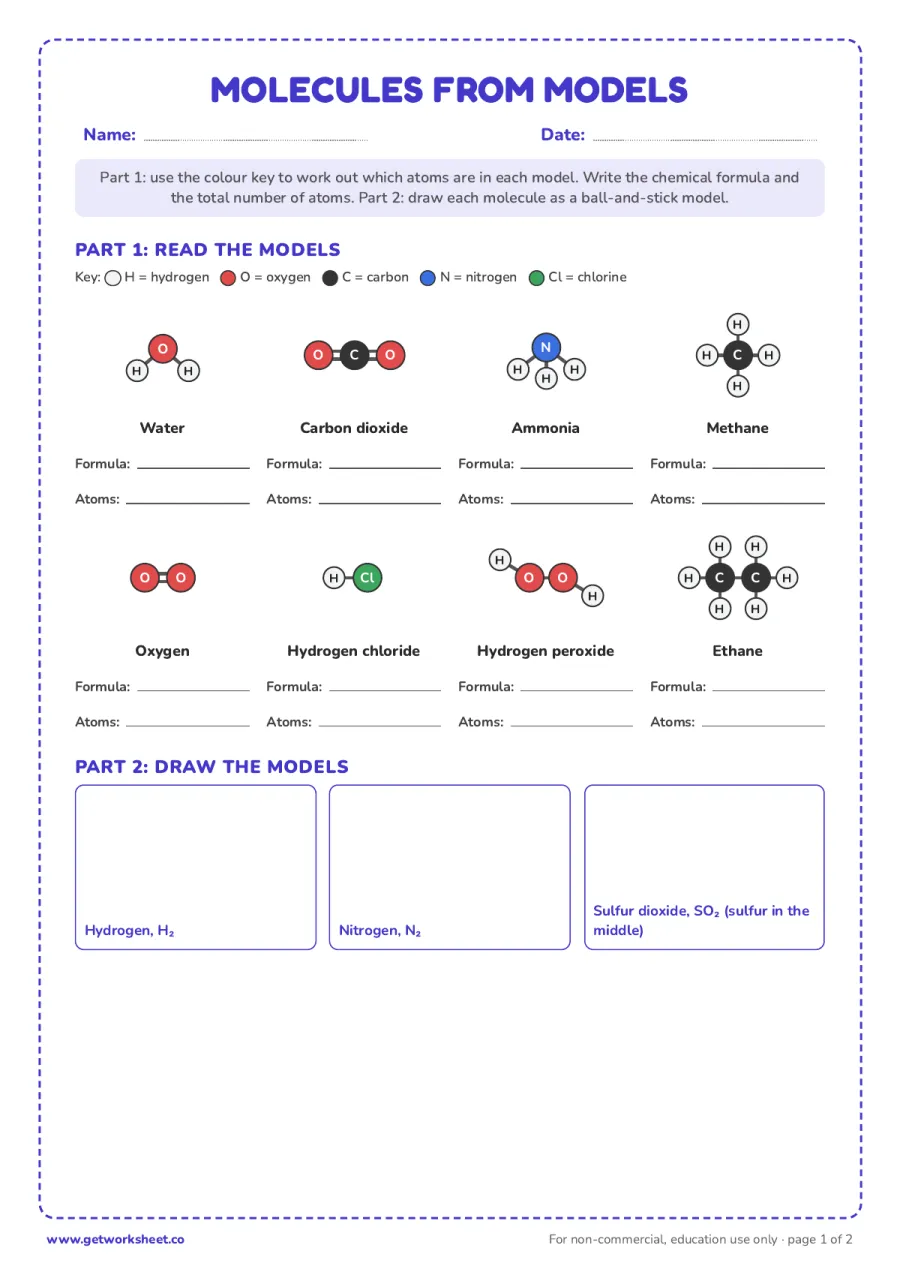 Molecules from models: read 8 ball-and-stick models, draw 3 – free printable PDF worksheet, page 1 preview (Free atoms and molecules worksheets)