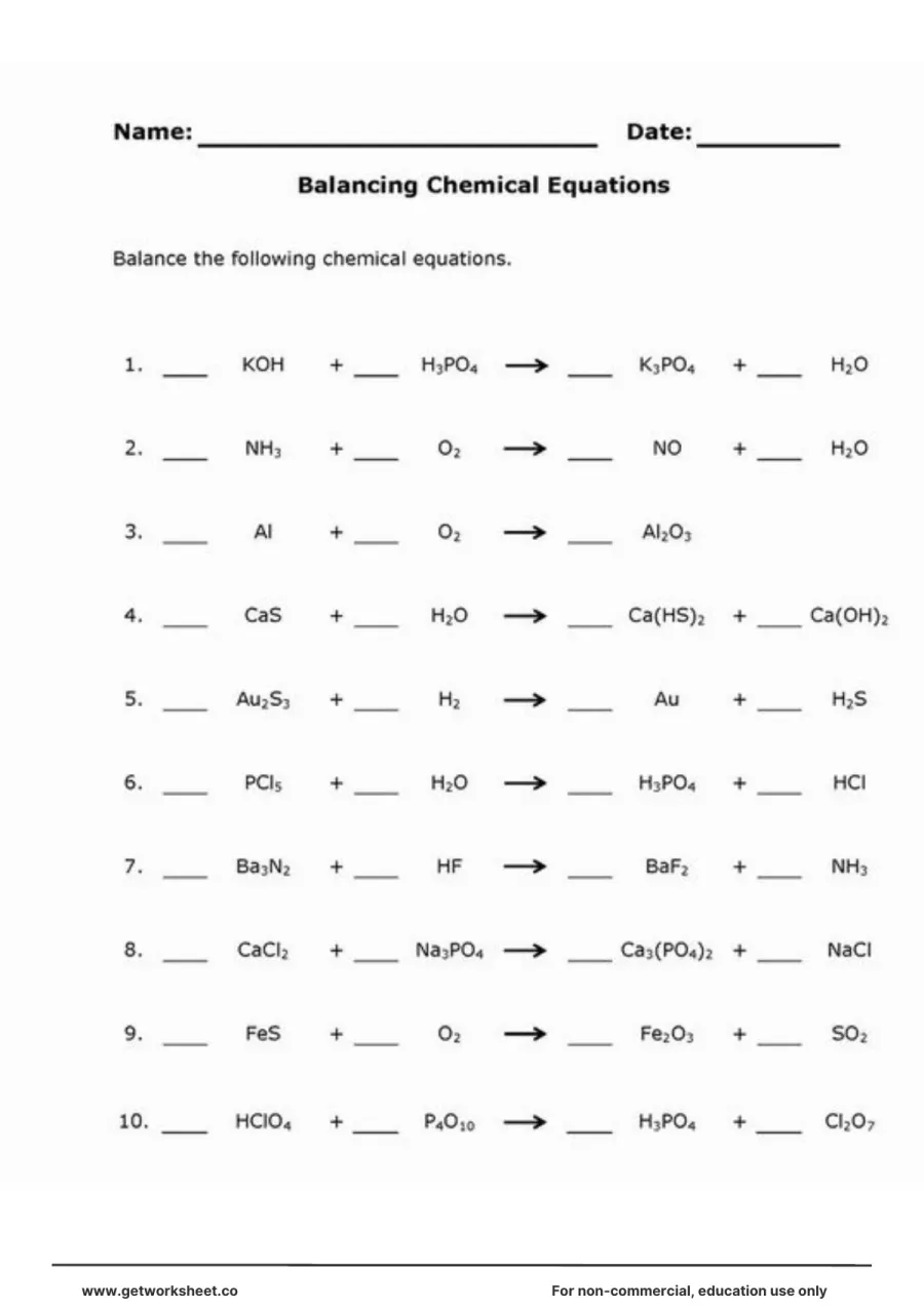 Balance chemical equations: KOH + H3PO4, NH3 + O2, Al + O2 Balance chemical equations: KOH + H3PO4, NH3 + O2, Al + O2 – free printable PDF worksheet, page 1 preview (Free balancing equations worksheets)