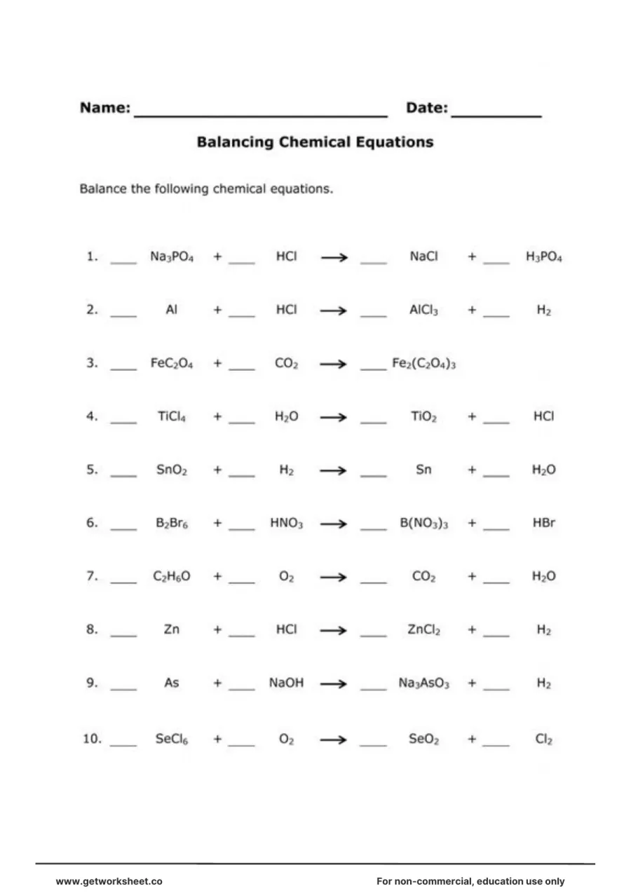Balance chemical equations: Na3PO4 + HCl, Al + HCl, Zn + HCl Balance chemical equations: Na3PO4 + HCl, Al + HCl, Zn + HCl – free printable PDF worksheet, page 1 preview (Free balancing equations worksheets)