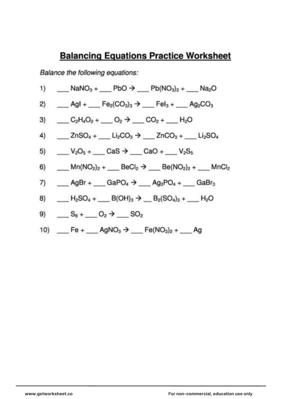 Balance chemical equations: NaNO3 + PbO, AgI + Fe2(CO3)3 Balance chemical equations: NaNO3 + PbO, AgI + Fe2(CO3)3 – free printable PDF worksheet, page 1 preview (Free balancing equations worksheets)