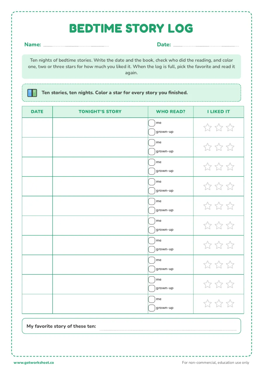 Bedtime story log – free printable PDF worksheet, page 1 preview (6 free bedtime routine chart printables)