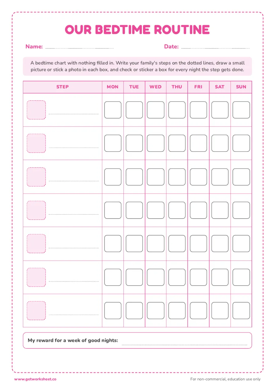 Blank bedtime routine chart – free printable PDF worksheet, page 1 preview (6 free bedtime routine chart printables)