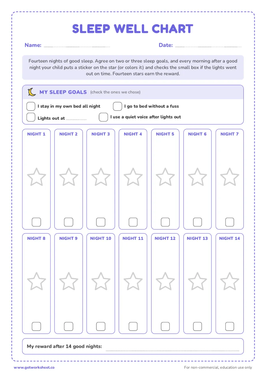 Sleep well reward chart: 14 nights – free printable PDF worksheet, page 1 preview (6 free bedtime routine chart printables)