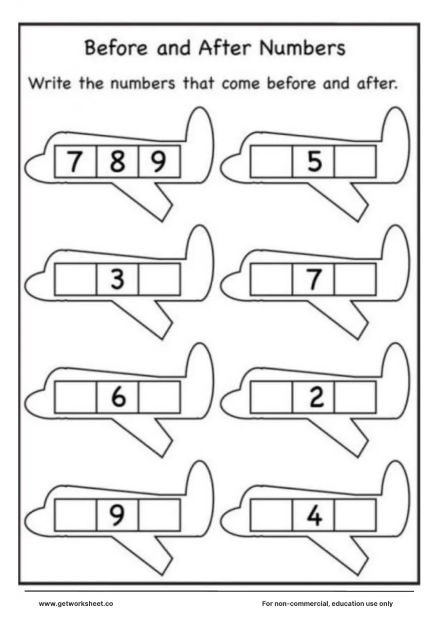 Before and after within 10: aeroplane number strips – free printable PDF worksheet, page 1 preview (Free before and after numbers worksheets)