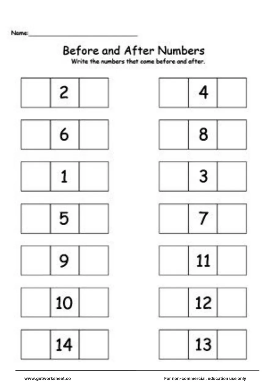 Before and after: 14 numbers from 1 to 14 in box strips – free printable PDF worksheet, page 1 preview (Free before and after numbers worksheets)