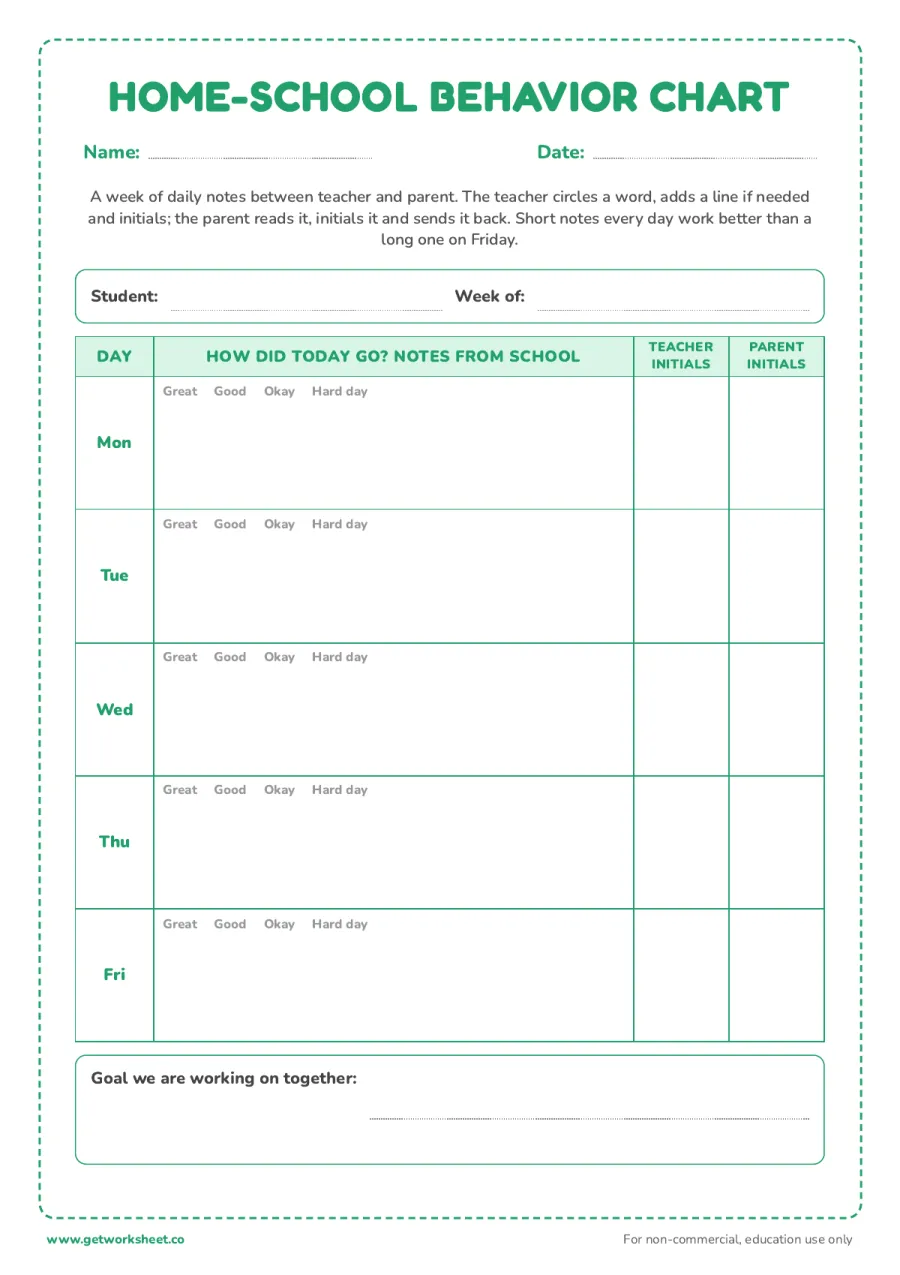 Home-school behavior communication chart – free printable PDF worksheet, page 1 preview (6 free behavior chart printables)