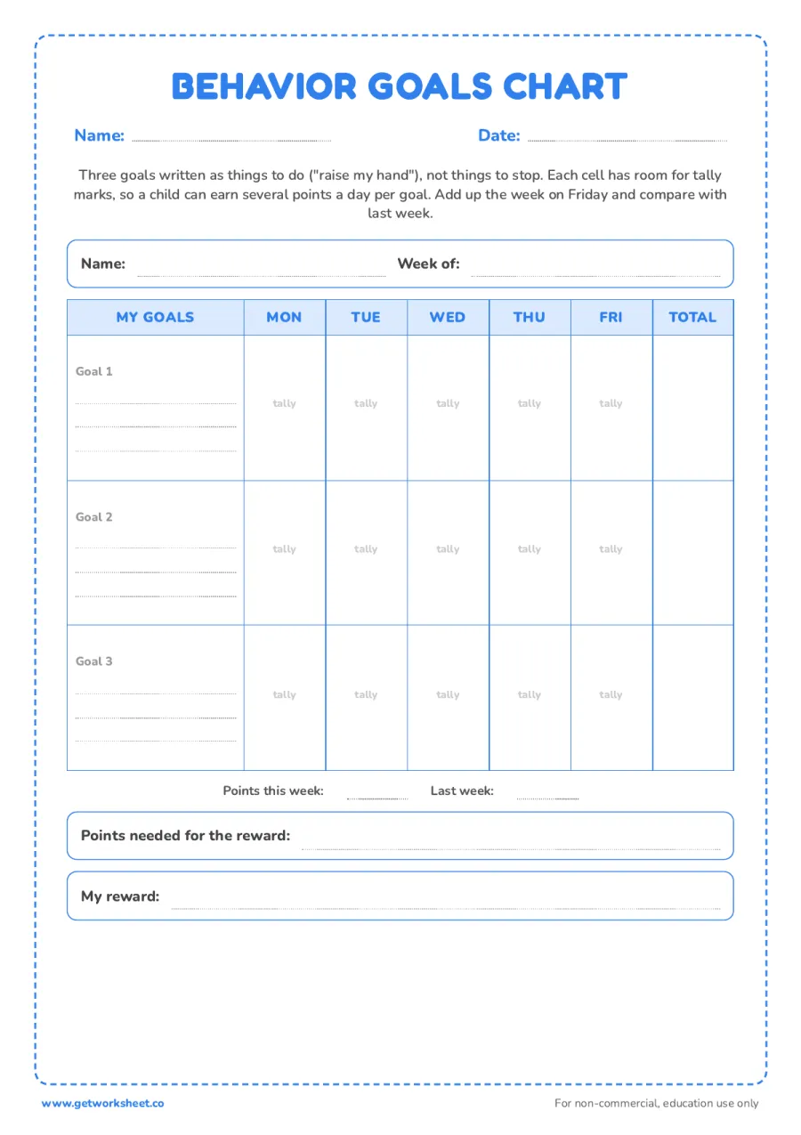 Behavior goals chart with tally boxes – free printable PDF worksheet, page 1 preview (6 free behavior chart printables)