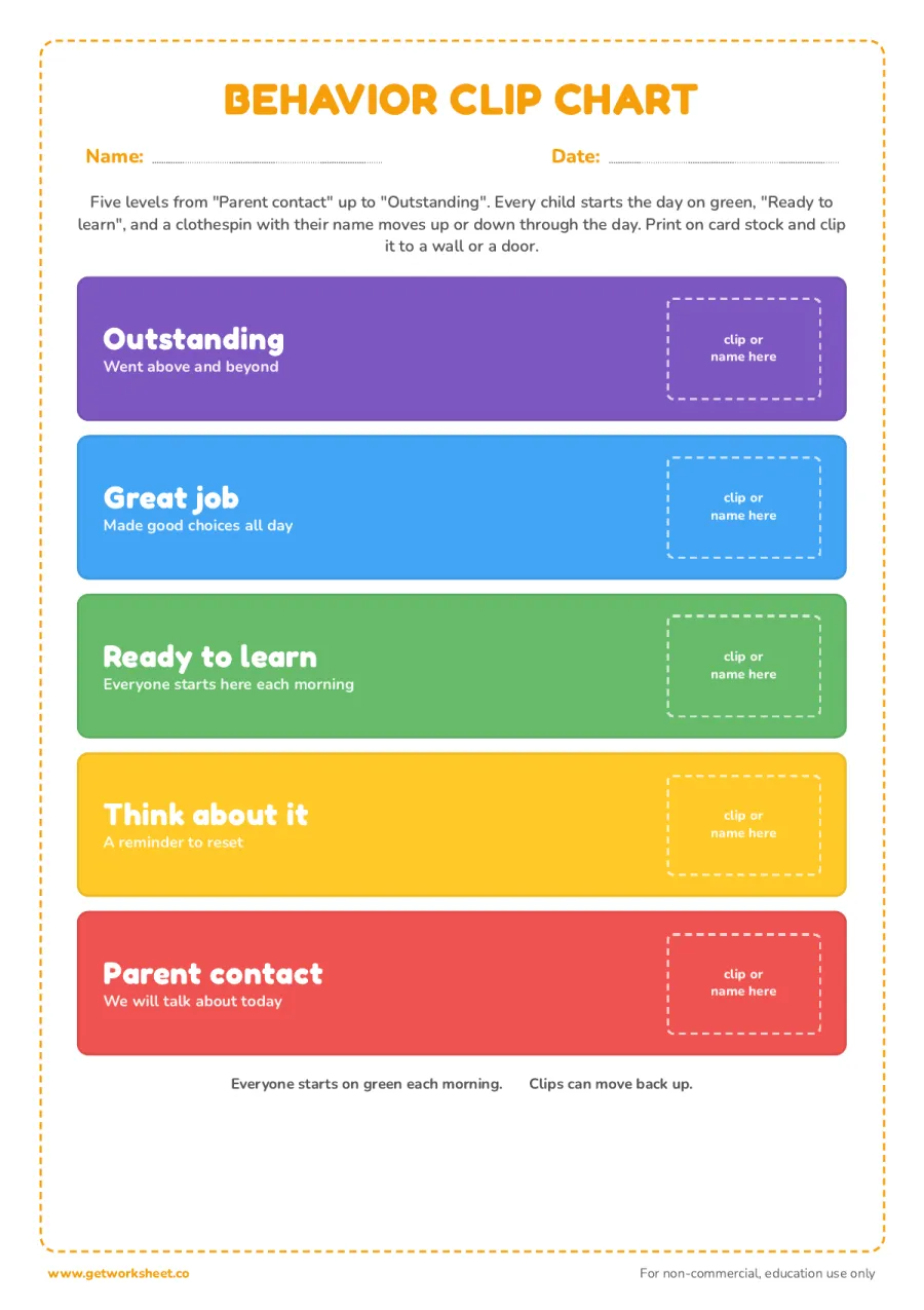 Behavior clip chart: 5 levels – free printable PDF worksheet, page 1 preview (6 free behavior chart printables)