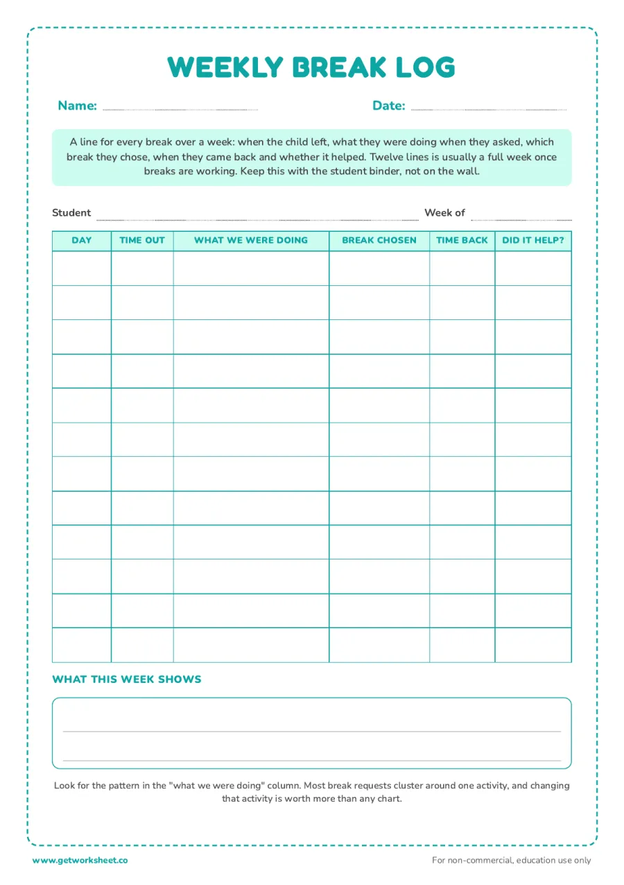 Weekly break log – free printable PDF worksheet, page 1 preview (7 free break card printables)