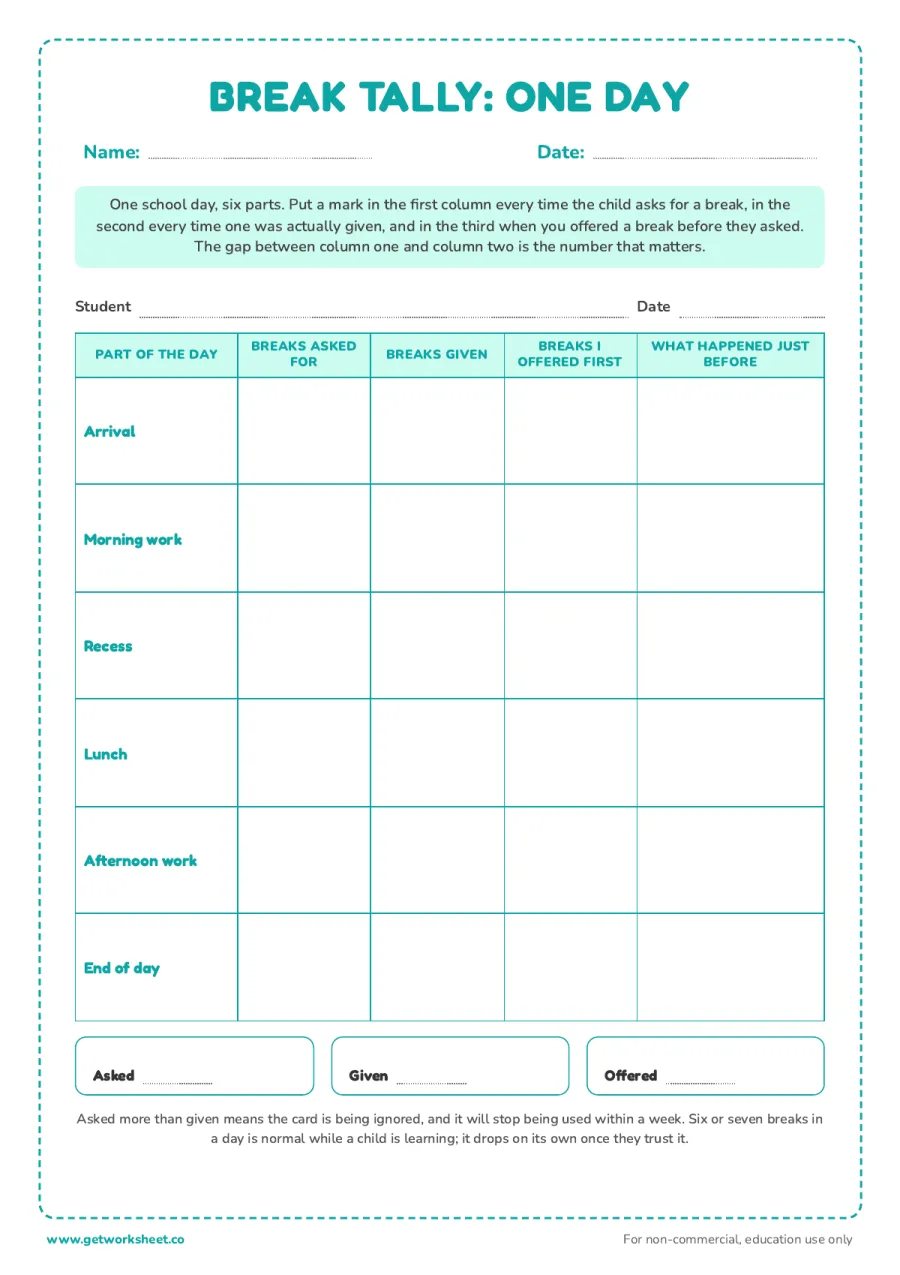 How many breaks? One-day tally – free printable PDF worksheet, page 1 preview (7 free break card printables)