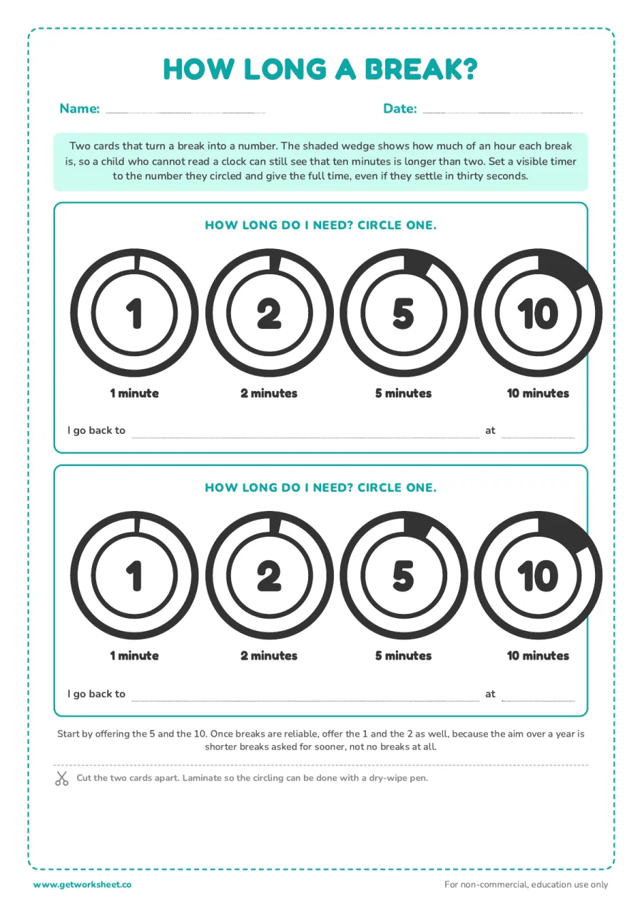How long a break? 1, 2, 5 and 10 minutes – free printable PDF worksheet, page 1 preview (7 free break card printables)