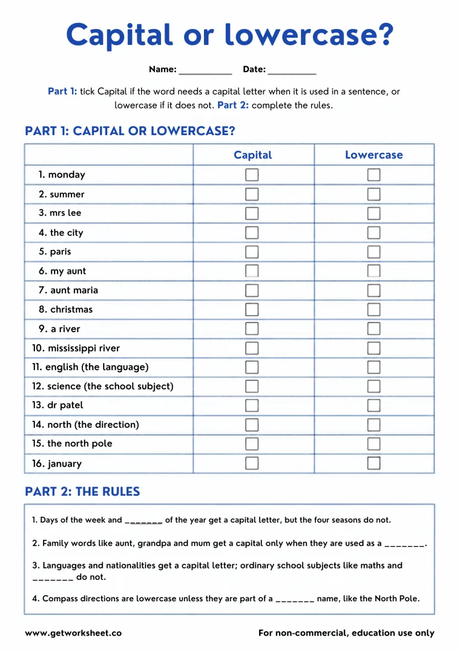 Capital or lowercase? 16 tricky words, then the rule for each Capital or lowercase? 16 tricky words, then the rule for each – free printable PDF worksheet, page 1 preview (Free capitalization worksheets)