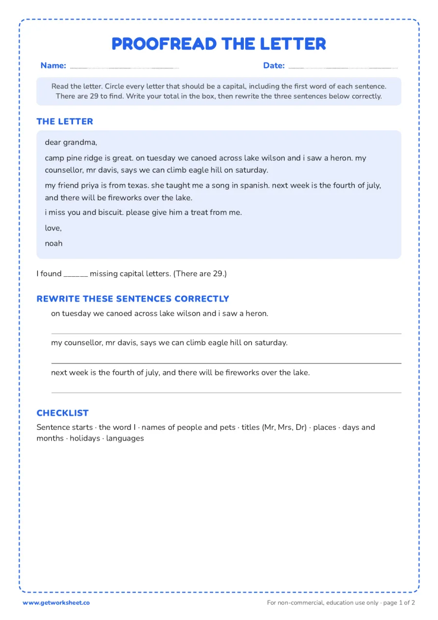 Proofread the letter: find 29 missing capitals in a letter from camp Proofread the letter: find 29 missing capitals in a letter from camp – free printable PDF worksheet, page 1 preview (Free capitalization worksheets)