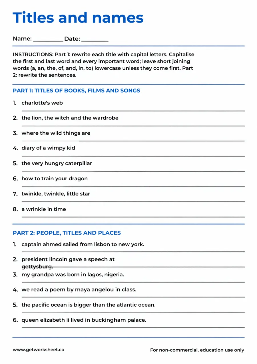 Titles and names: capitalise 8 book and film titles and 6 sentences with names Titles and names: capitalise 8 book and film titles and 6 sentences with names – free printable PDF worksheet, page 1 preview (Free capitalization worksheets)