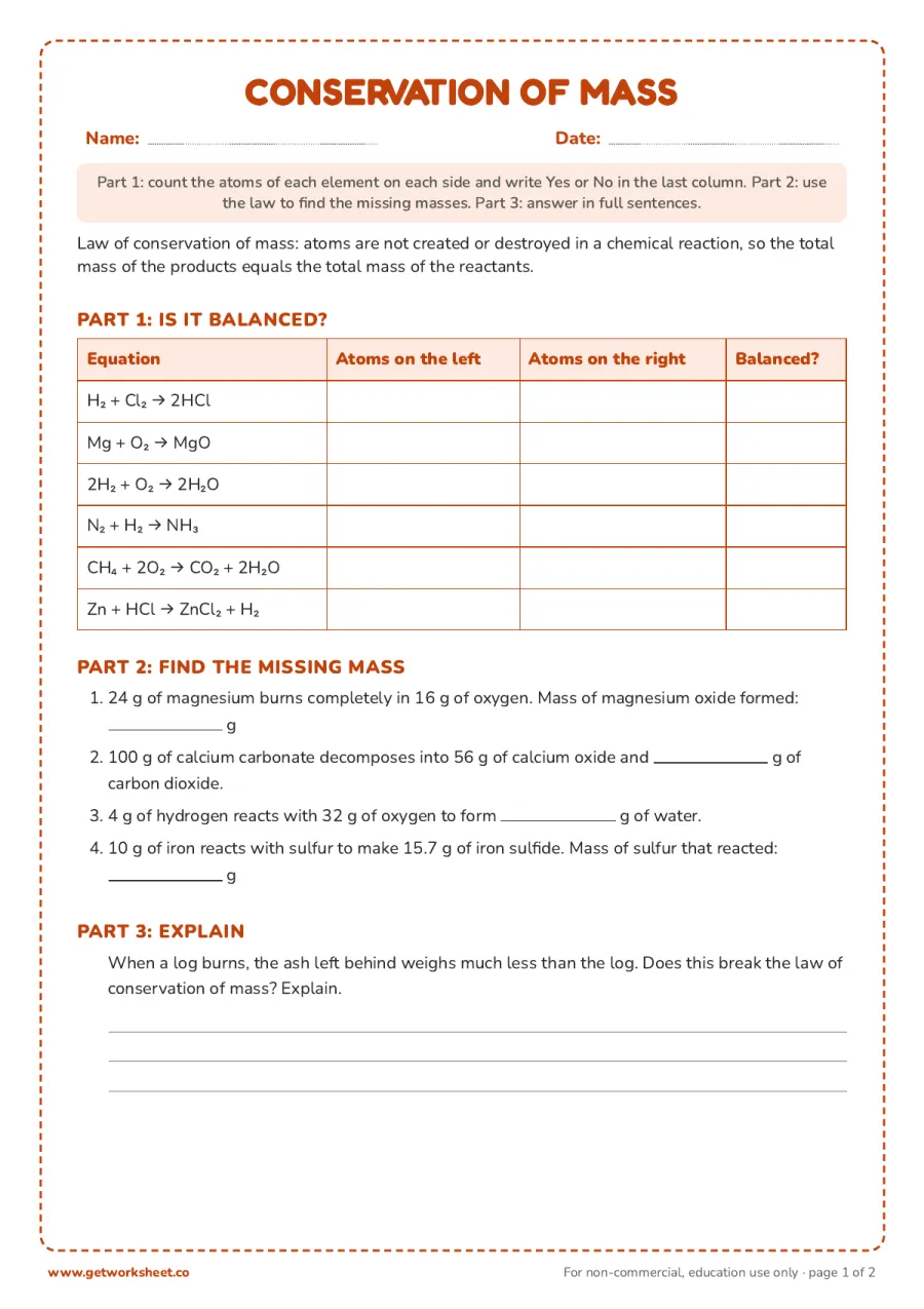 Conservation of mass: count atoms on both sides of 6 equations, then 4 mass calculations – free printable PDF worksheet, page 1 preview (Free chemical reactions worksheets)