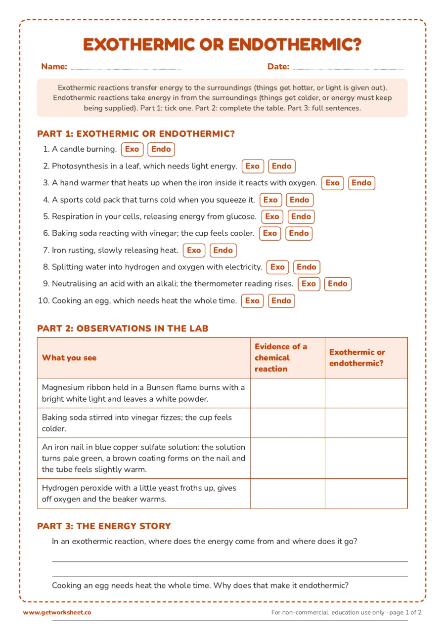 Exothermic or endothermic? 10 examples, 4 lab observations and the energy story – free printable PDF worksheet, page 1 preview (Free chemical reactions worksheets)