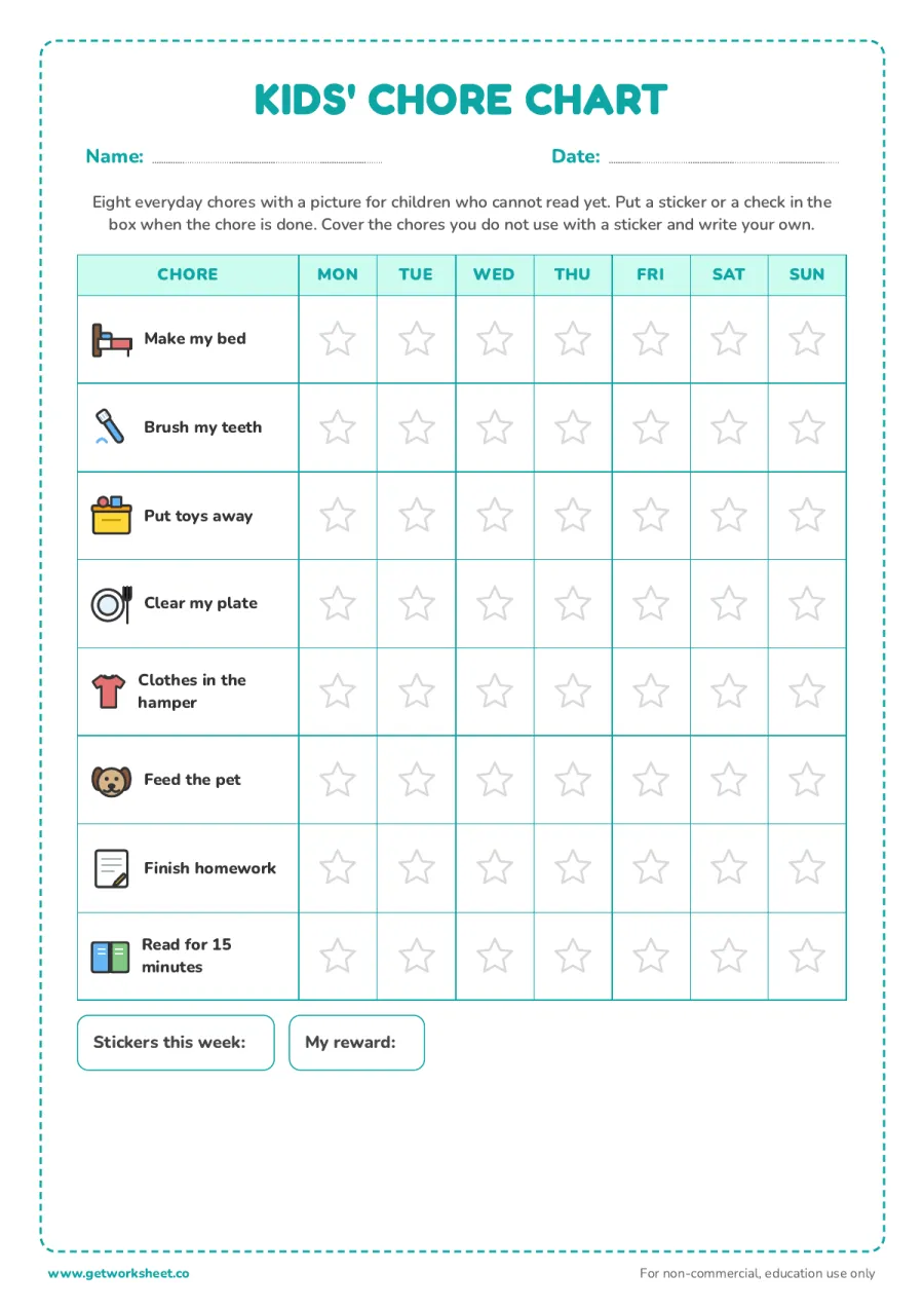 Kids' chore chart with pictures: 8 chores, 7 days Kids' chore chart with pictures: 8 chores, 7 days – free printable PDF worksheet, page 1 preview (8 free chore chart printables)