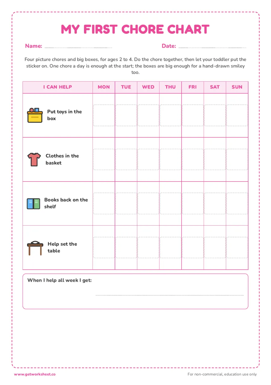 Toddler chore chart: 4 picture chores, big boxes Toddler chore chart: 4 picture chores, big boxes – free printable PDF worksheet, page 1 preview (8 free chore chart printables)