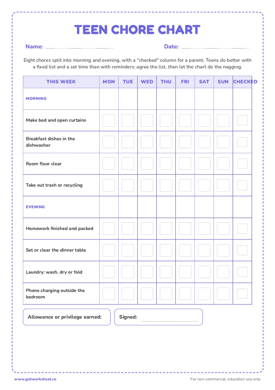 Teen chore chart: morning and evening Teen chore chart: morning and evening – free printable PDF worksheet, page 1 preview (8 free chore chart printables)