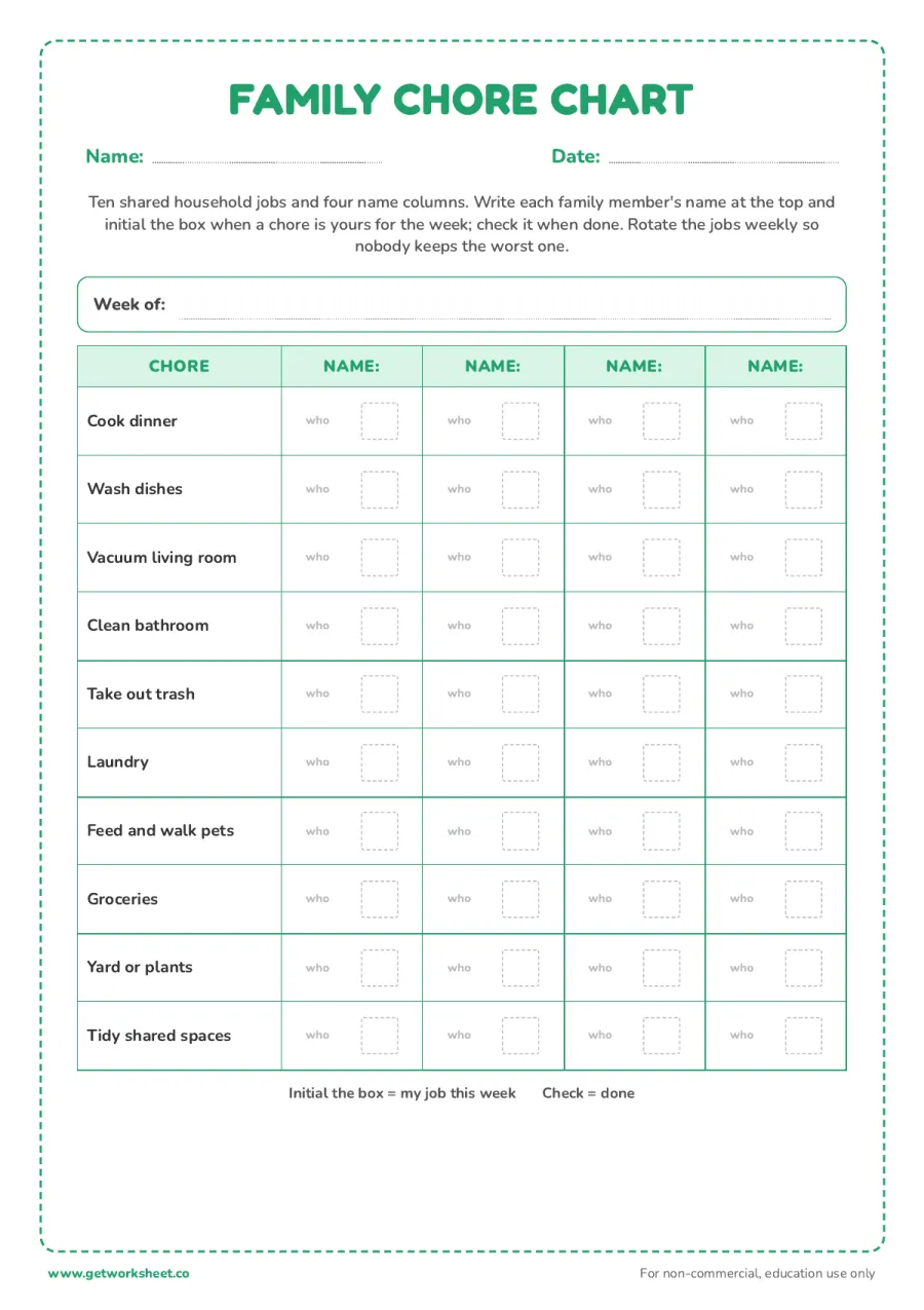 Family chore chart: 10 jobs, 4 names Family chore chart: 10 jobs, 4 names – free printable PDF worksheet, page 1 preview (8 free chore chart printables)