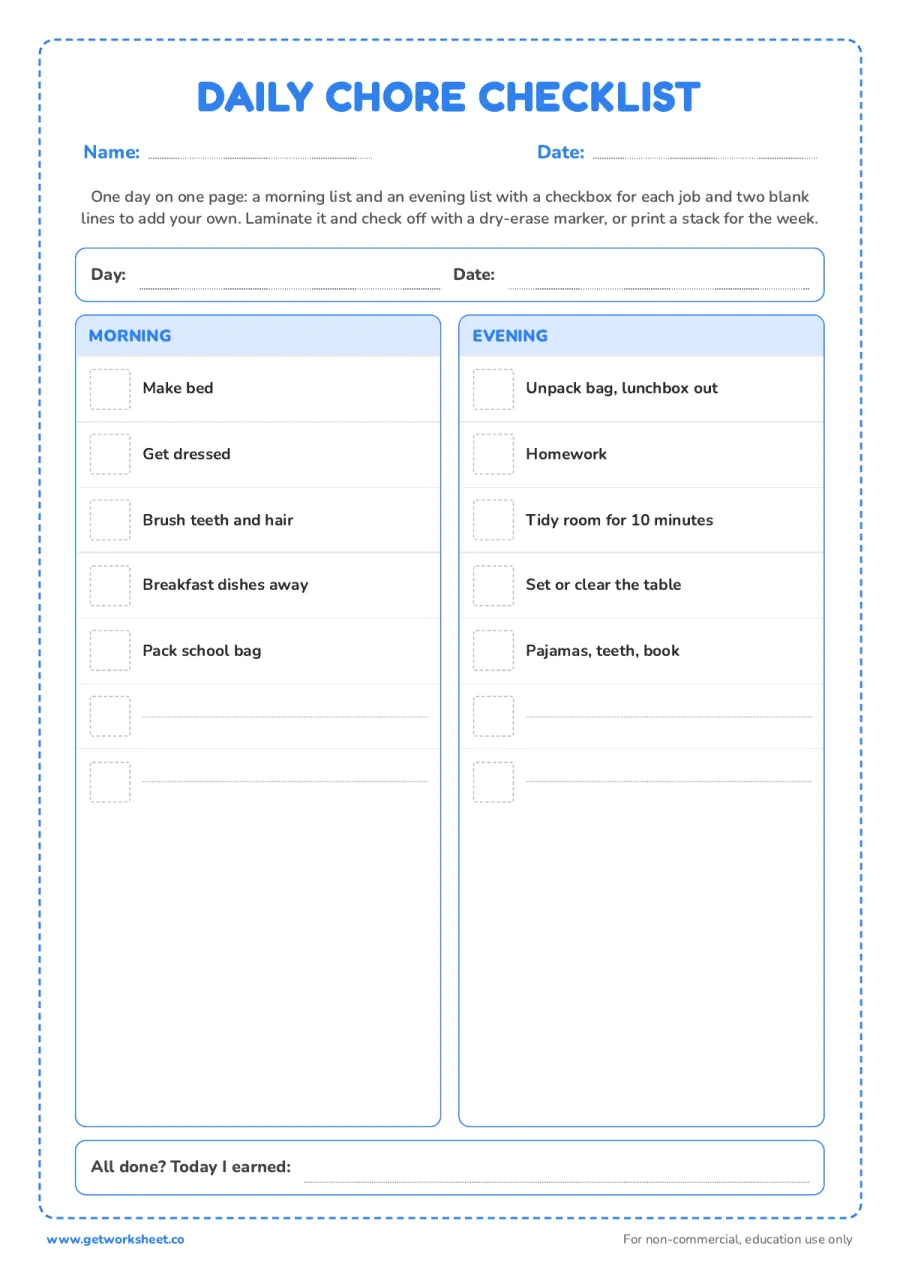 Daily chore checklist: morning and evening Daily chore checklist: morning and evening – free printable PDF worksheet, page 1 preview (8 free chore chart printables)