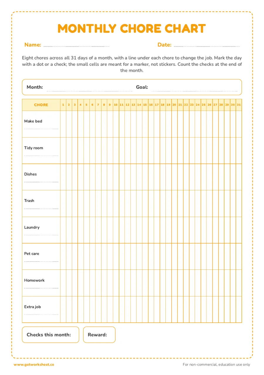 Monthly chore chart: 8 chores x 31 days Monthly chore chart: 8 chores x 31 days – free printable PDF worksheet, page 1 preview (8 free chore chart printables)