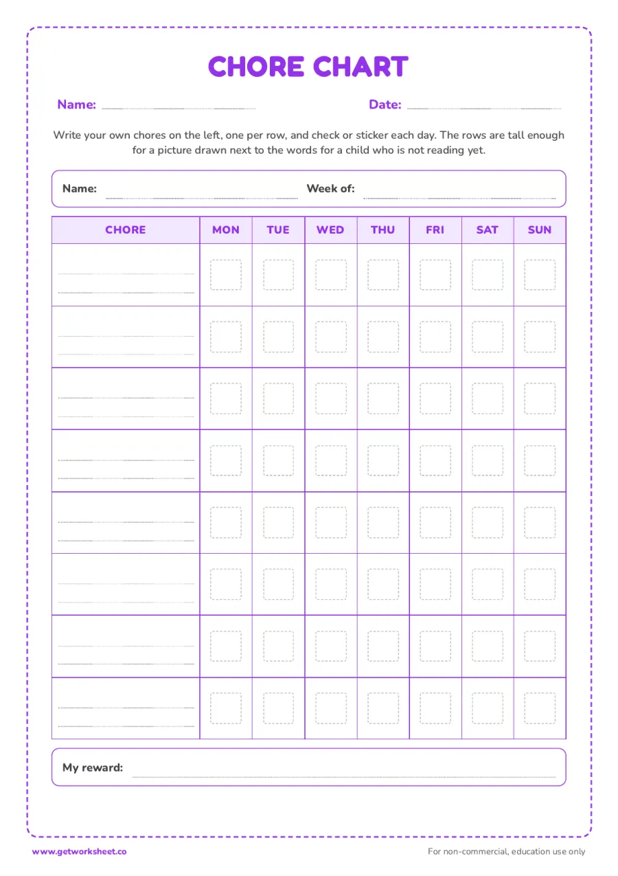 Blank chore chart: write your own chores Blank chore chart: write your own chores – free printable PDF worksheet, page 1 preview (8 free chore chart printables)
