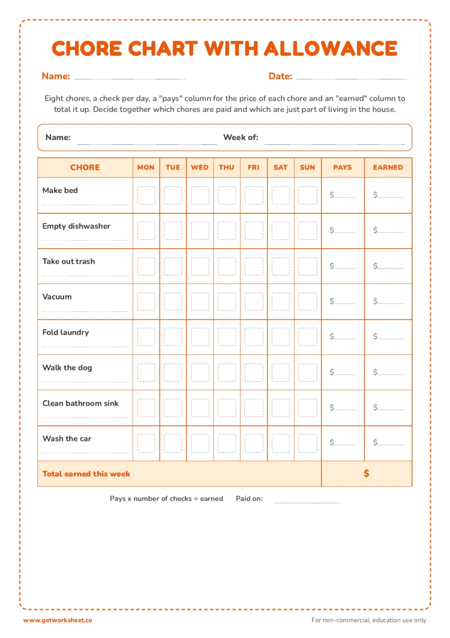 Chore chart with allowance: pays and earned columns Chore chart with allowance: pays and earned columns – free printable PDF worksheet, page 1 preview (8 free chore chart printables)