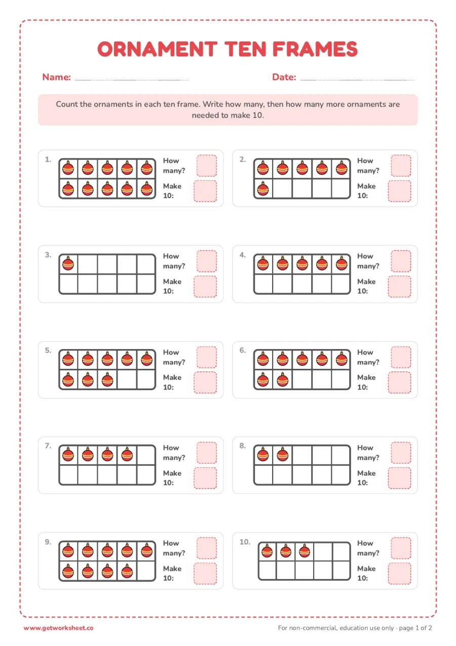 Christmas ornament ten frames – free printable PDF worksheet, page 1 preview (8 free Christmas math worksheets)