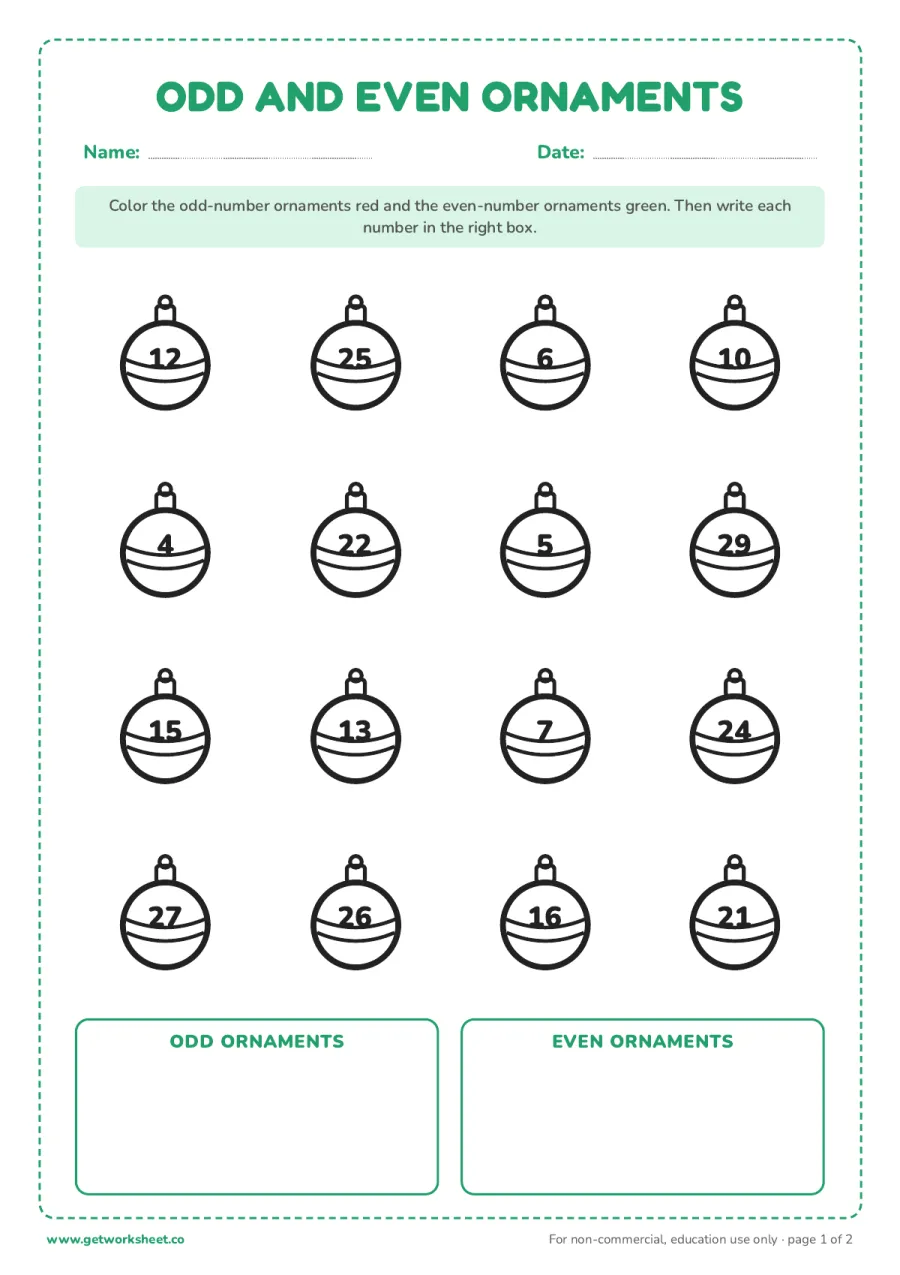Christmas odd and even ornaments – free printable PDF worksheet, page 1 preview (8 free Christmas math worksheets)