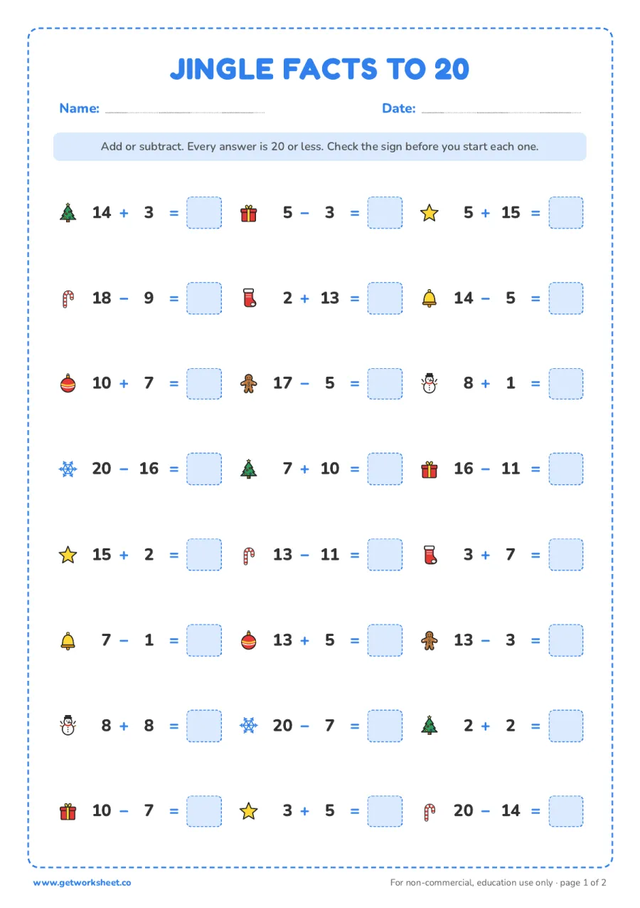 Christmas addition and subtraction to 20 – free printable PDF worksheet, page 1 preview (8 free Christmas math worksheets)
