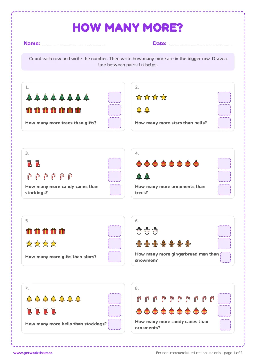 Christmas how many more – free printable PDF worksheet, page 1 preview (8 free Christmas math worksheets)