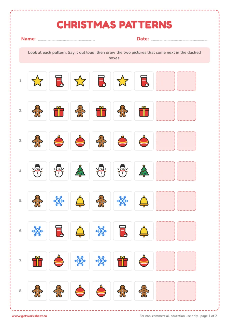Christmas patterns – free printable PDF worksheet, page 1 preview (8 free Christmas math worksheets)