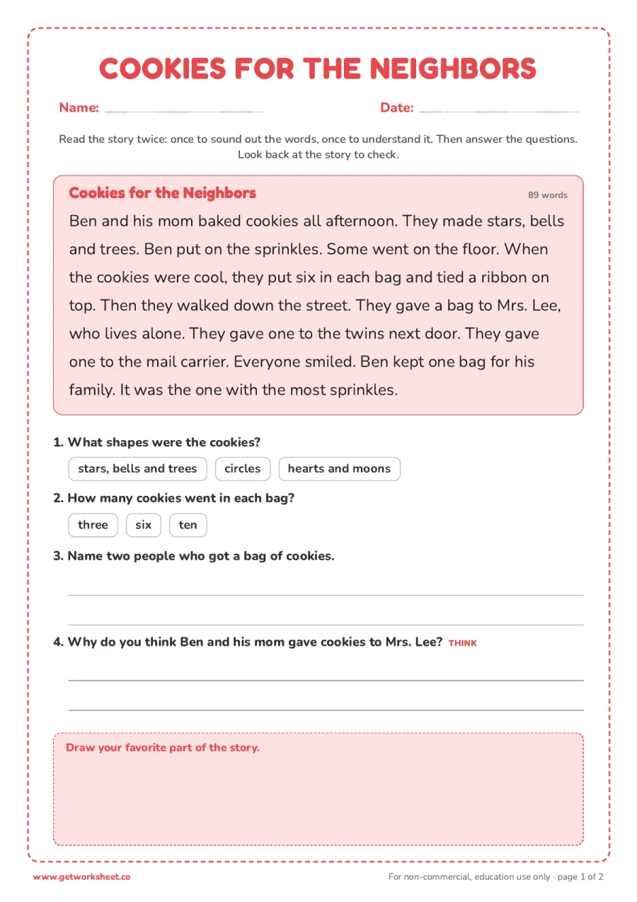 Cookies for the Neighbors (story, 89 words, K to grade 1) Cookies for the Neighbors (story, 89 words, K to grade 1) – free printable PDF worksheet, page 1 preview (6 free Christmas reading comprehension worksheets)