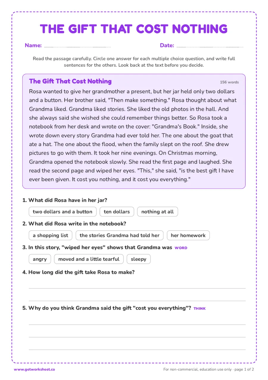 The Gift That Cost Nothing (story, 156 words, grades 2 to 3) The Gift That Cost Nothing (story, 156 words, grades 2 to 3) – free printable PDF worksheet, page 1 preview (6 free Christmas reading comprehension worksheets)