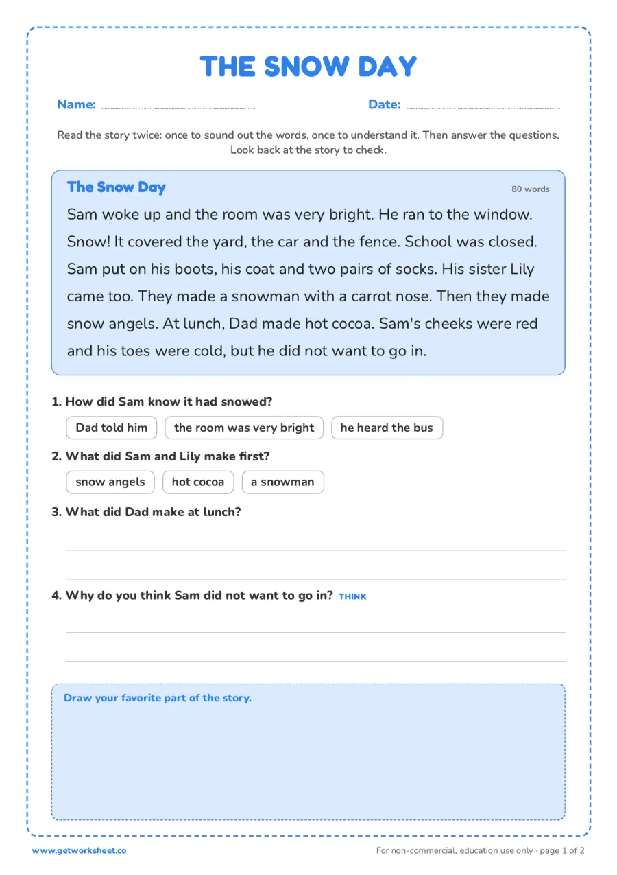 The Snow Day (story, 80 words, K to grade 1) The Snow Day (story, 80 words, K to grade 1) – free printable PDF worksheet, page 1 preview (6 free Christmas reading comprehension worksheets)