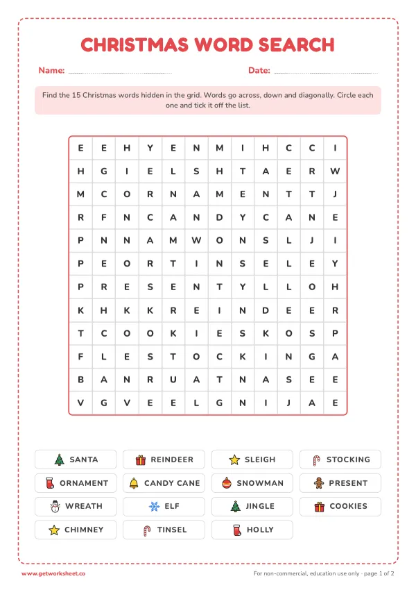 Free Christmas worksheets: word searches, letter to Santa and writing – free printable worksheets preview