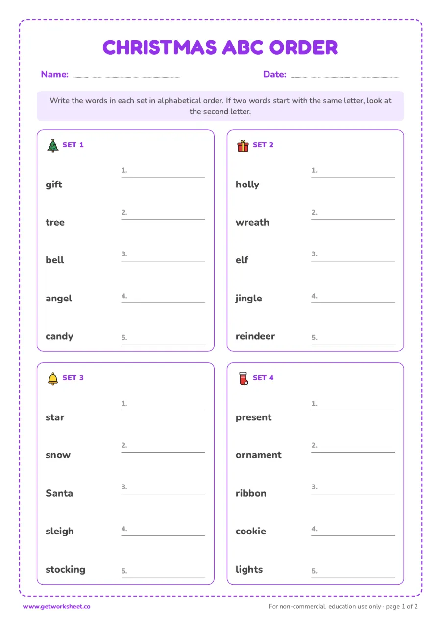 Christmas ABC order – free printable PDF worksheet, page 1 preview (8 free Christmas worksheets: word searches, letter to Santa and writing)