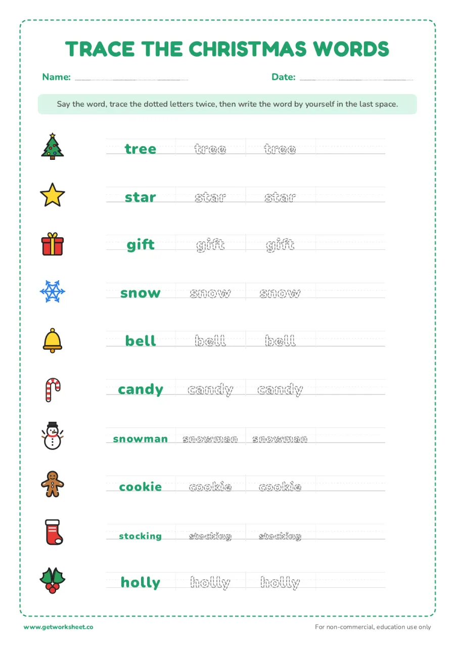 Christmas word tracing – free printable PDF worksheet, page 1 preview (8 free Christmas worksheets: word searches, letter to Santa and writing)