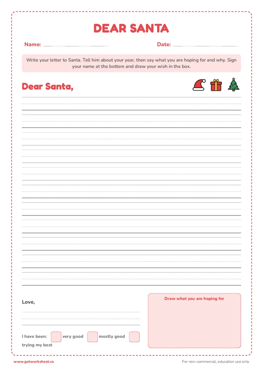 Letter to Santa template – free printable PDF worksheet, page 1 preview (8 free Christmas worksheets: word searches, letter to Santa and writing)
