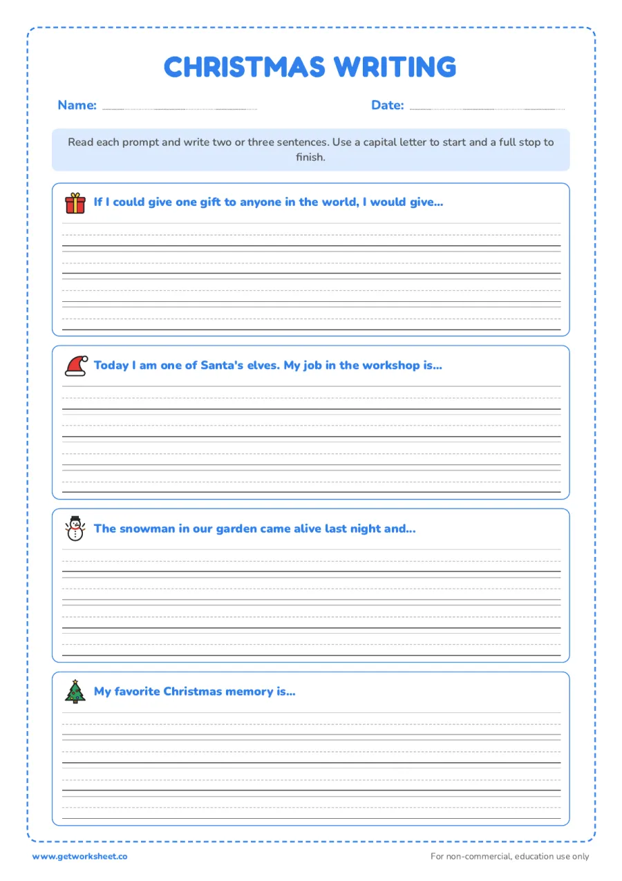 Christmas writing prompts – free printable PDF worksheet, page 1 preview (8 free Christmas worksheets: word searches, letter to Santa and writing)