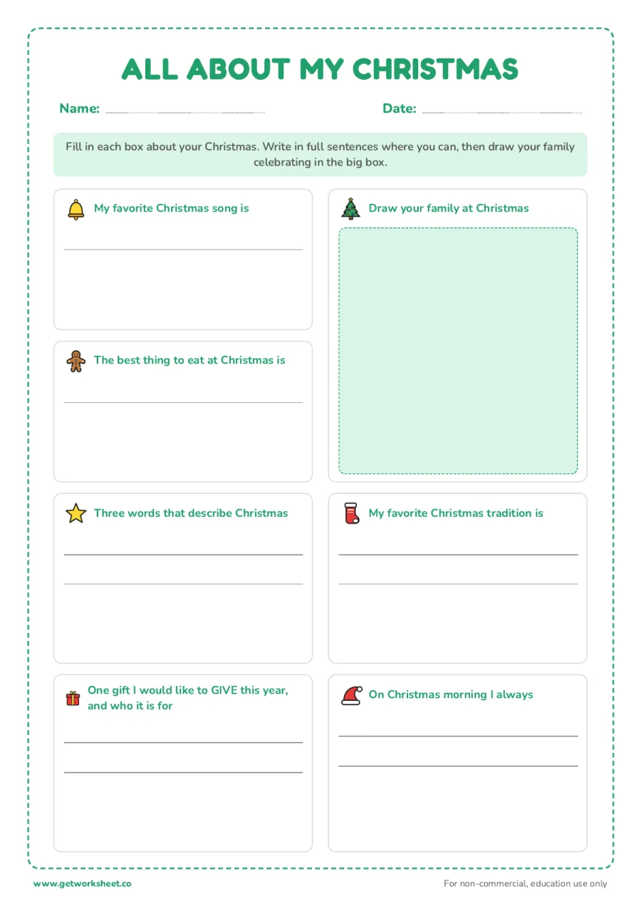 All about my Christmas – free printable PDF worksheet, page 1 preview (8 free Christmas worksheets: word searches, letter to Santa and writing)