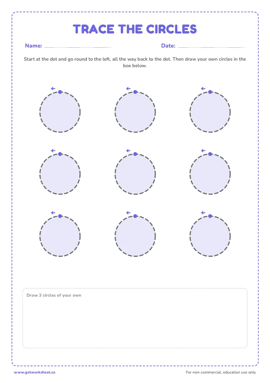 Trace 9 large circles (start dot and arrow) – free printable PDF worksheet, page 1 preview (3 free circle tracing worksheets)
