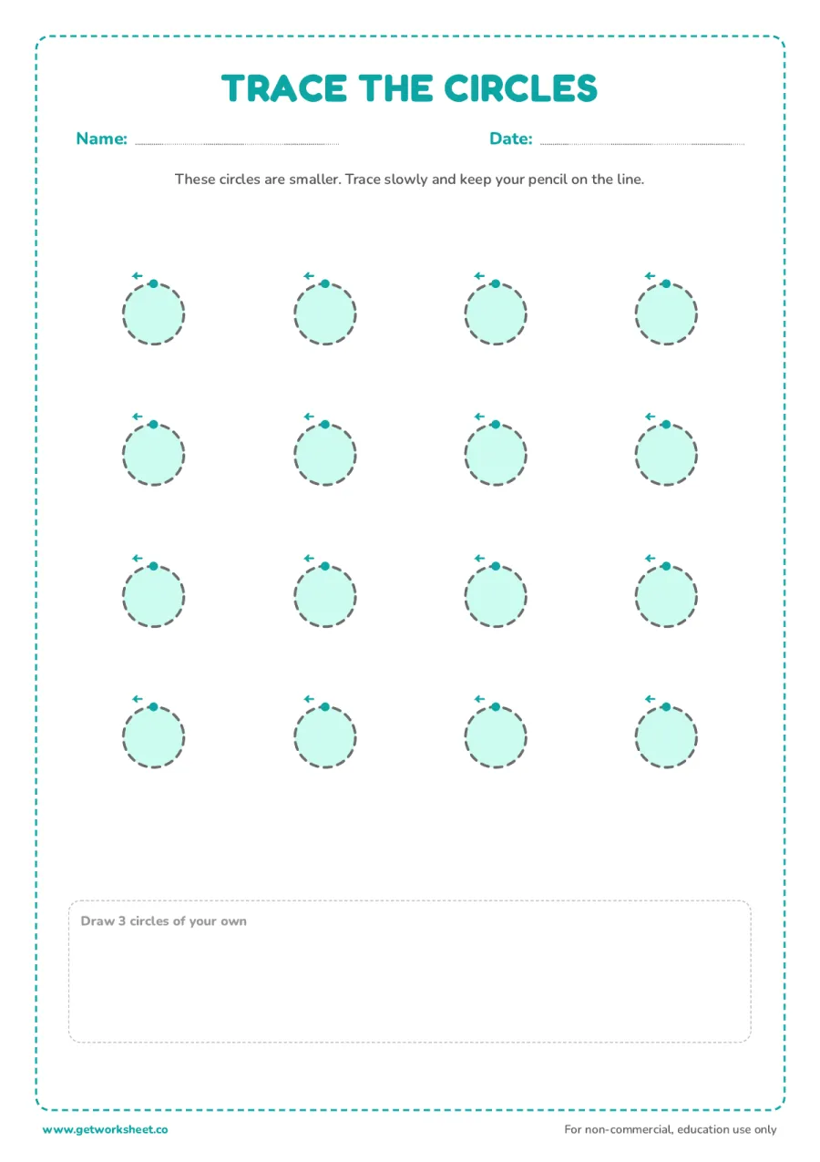 Trace 16 small circles – free printable PDF worksheet, page 1 preview (3 free circle tracing worksheets)
