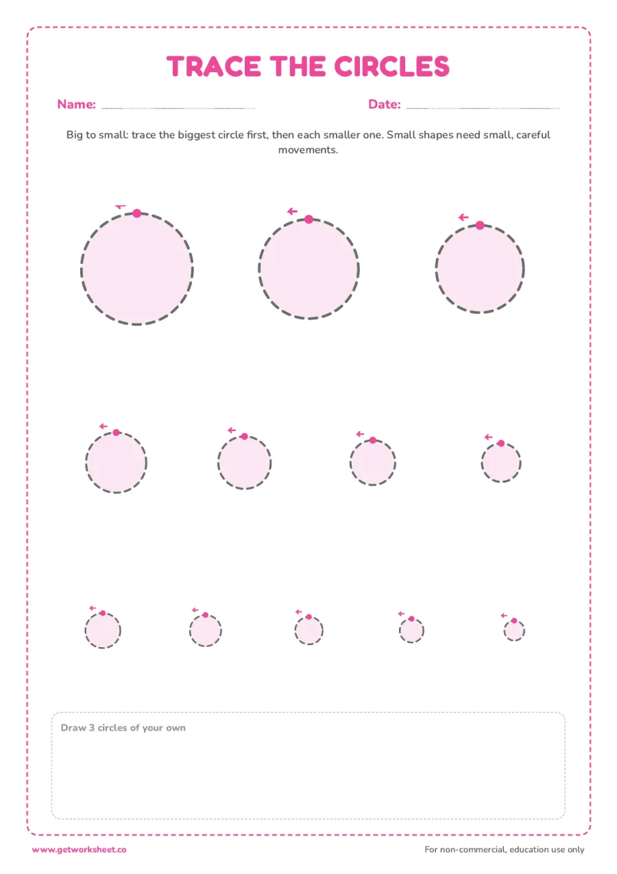 Circles big to small – free printable PDF worksheet, page 1 preview (3 free circle tracing worksheets)