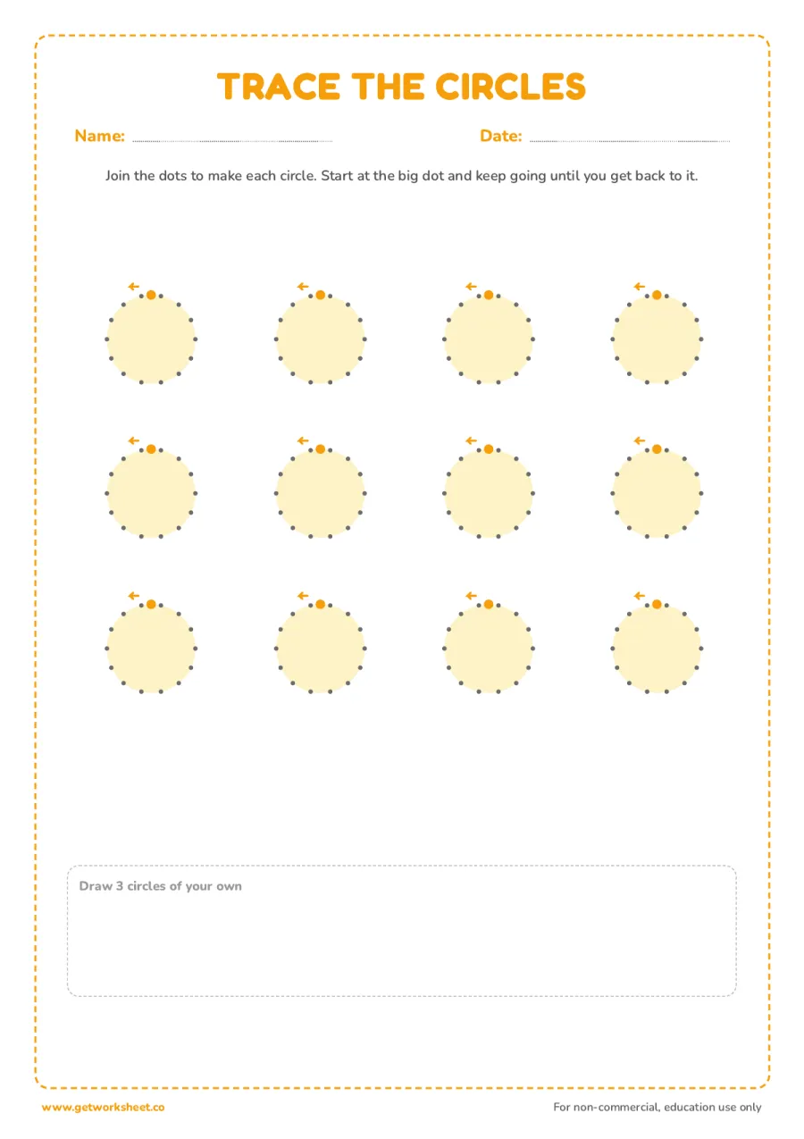 Dot-to-dot circles – free printable PDF worksheet, page 1 preview (3 free circle tracing worksheets)