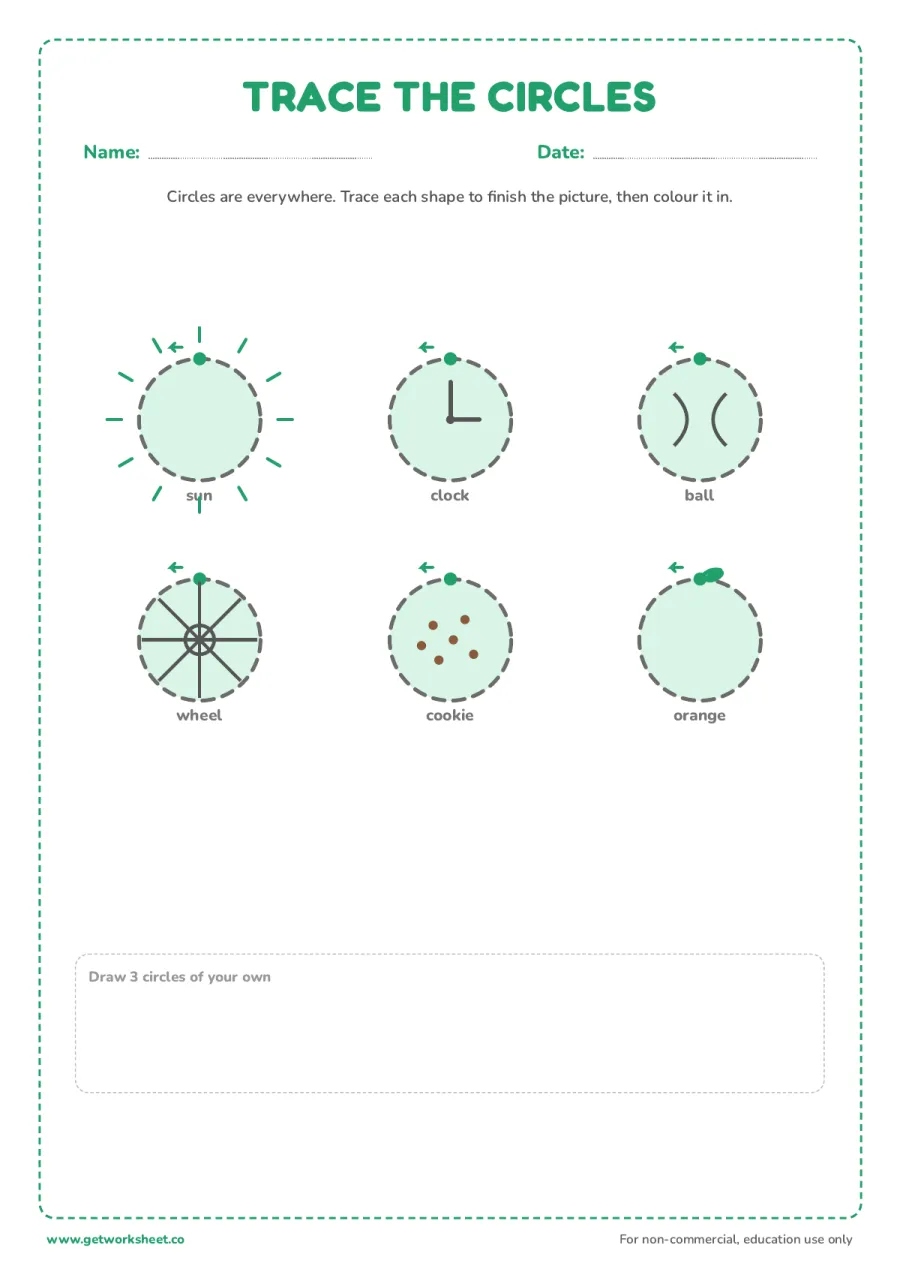 Circles all around us: trace and colour – free printable PDF worksheet, page 1 preview (3 free circle tracing worksheets)