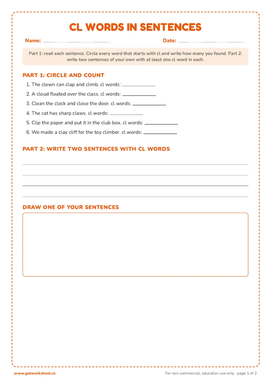 cl words in sentences: circle and count the cl words, then write your own – free printable PDF worksheet, page 1 preview (Free cl blend worksheets)
